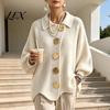Metal Button Cardigan Women Oversized Knit Sweater, Collared Top with Large Relaxed Fit Buttons, Loose Lantern Sleeve Casual Sweater for Spring Autumn