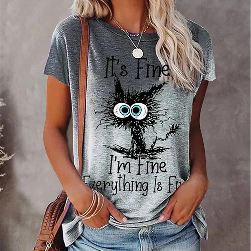 Women Summer T Shirt Line Cat Print Short Sleeve Tees Casual Printed Tops
