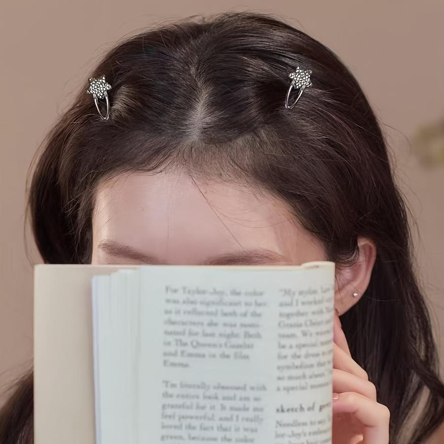 2-Pack Mini Forehead Hair Clips with Rhinestone Stars, Side Duckbill Clips, High-End Small Bangs Clips with Hairpins