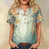 Женская модная хлопково-льняная рубашка-henley с коротким рукавом, принтом, пуговицами на воротнике и карманом на груди для повседневной носки