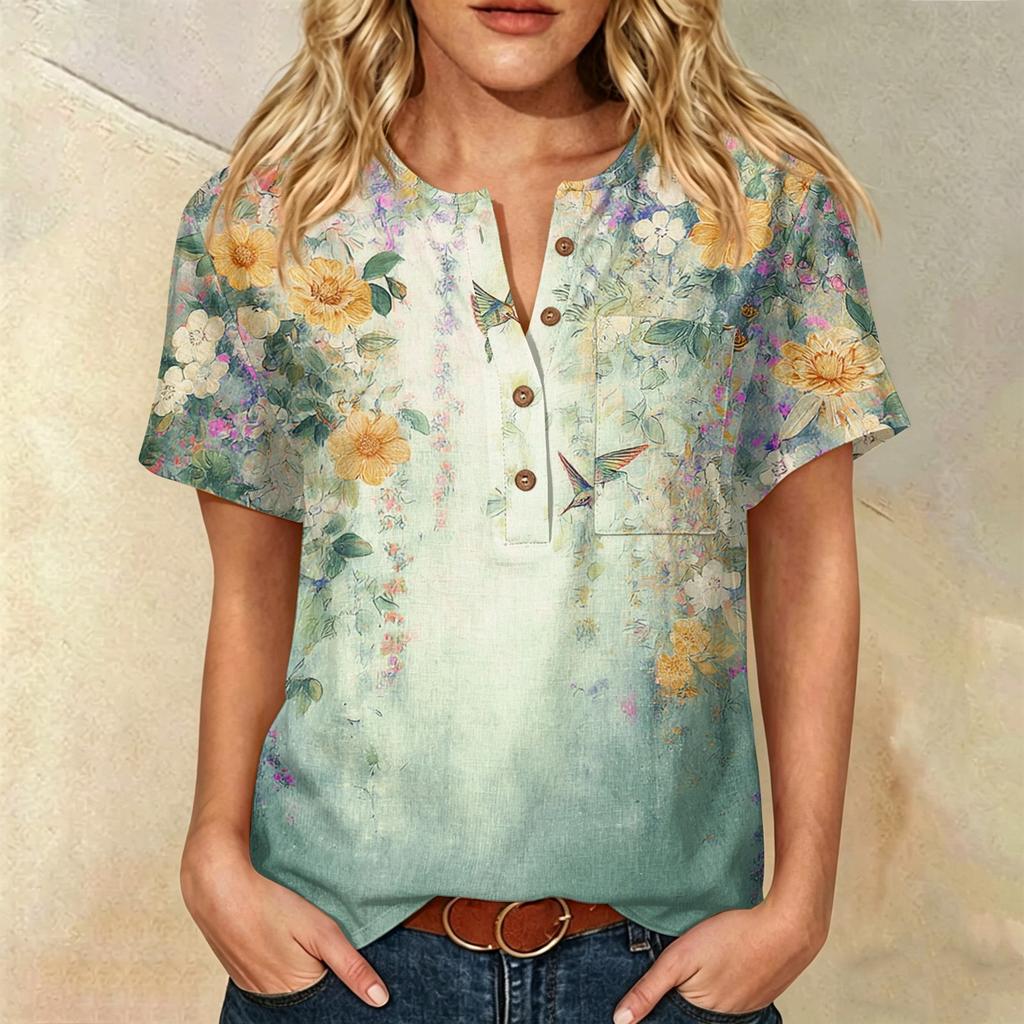 Женская модная хлопково-льняная рубашка-henley с коротким рукавом, принтом, пуговицами на воротнике и карманом на груди для повседневной носки