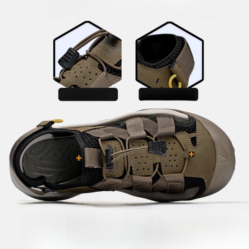 Summer Men's Hollow Leather Beach Sandals Toe Cap Outdoor Sports Shoes Handmade Mesh Shoes