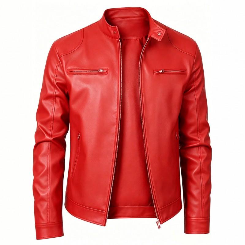 Mens Stand Collar Fitted Motorcycle Leather Jacket Casual Slim Fit Outerwear