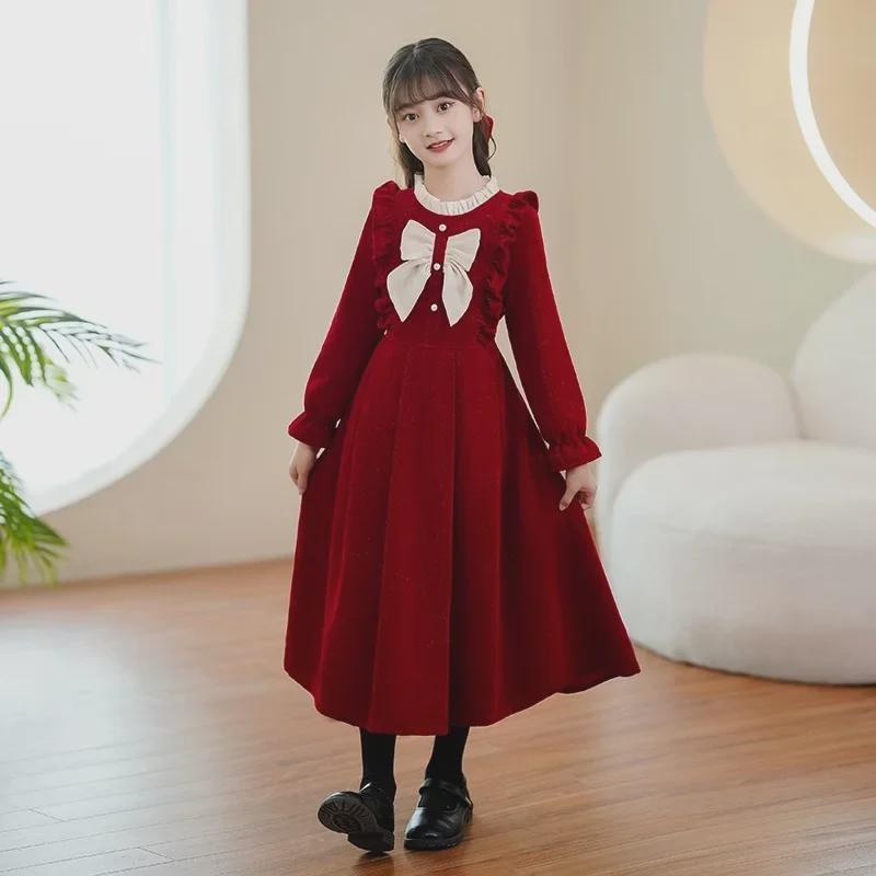 Стильное длинное платье принцессы красного цвета для маленьких девочек - коллекция зима и осень