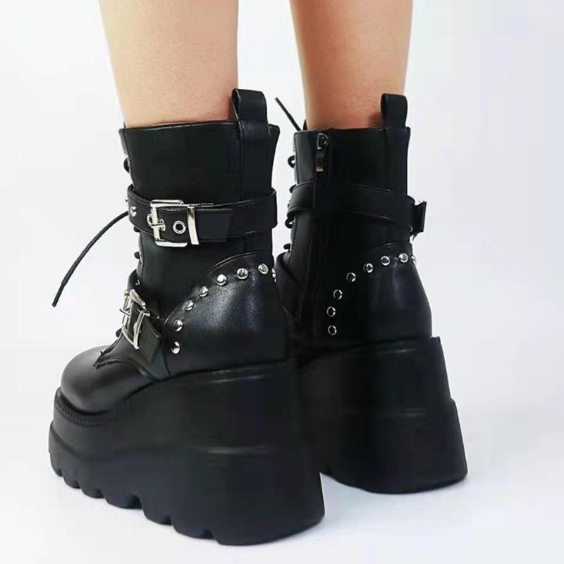 Fashion Autumn Winter Women's PU Leather Ankle Boots Punk Style Motorcycle Platform Boots Women Thick Bottom Black Gothic Lolita Shoes