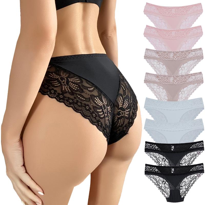 Women Floral Lace Seamless Panties Mid Waist Hip Lifting Briefs Underwear Hollow Out Underpants