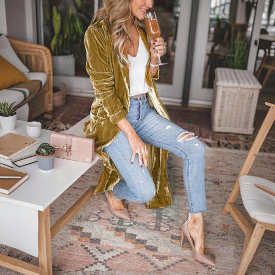 Женский кардиган, пальто с лацканами, длинный рукав, открытая передняя часть, золотистая бархатная ткань, куртка, однотонная, средней длины, верхняя одежда