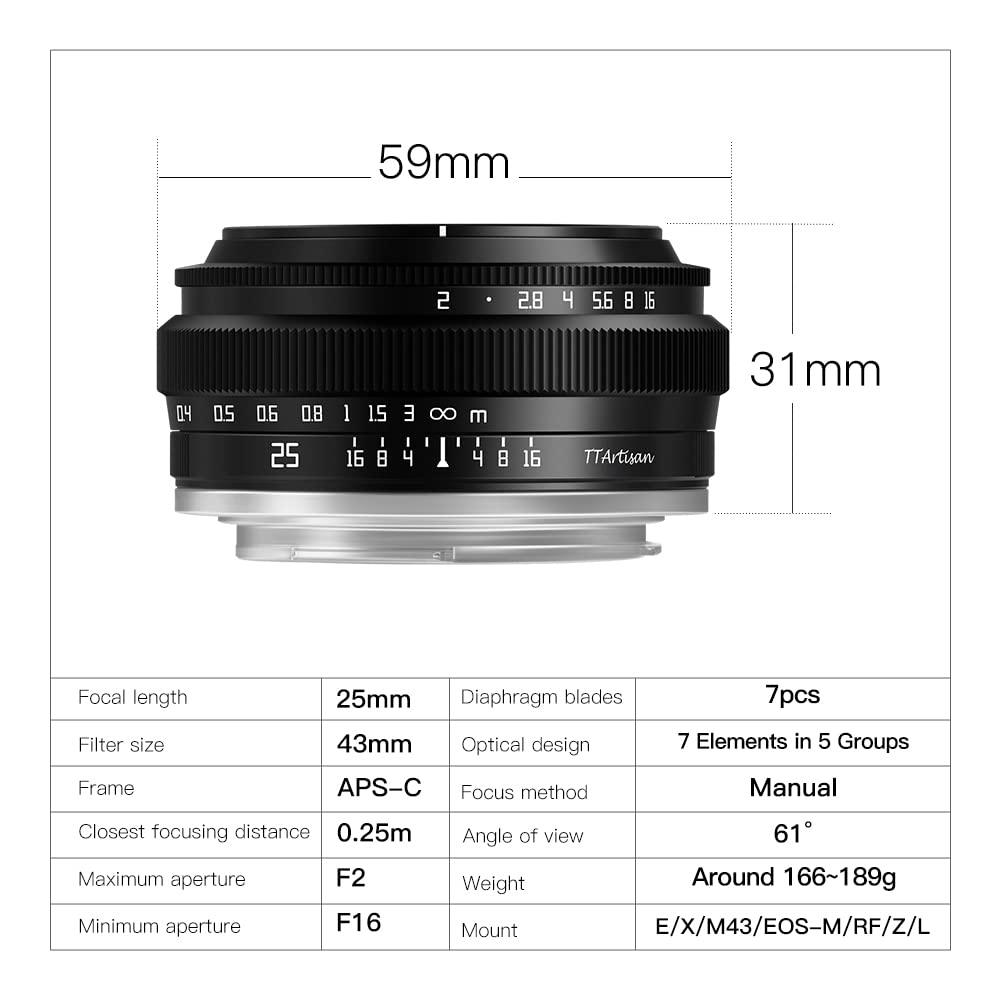 TTArtisan 25mm F2.0 APS-C X Mount Lens, Fujifilm X Mount [included]