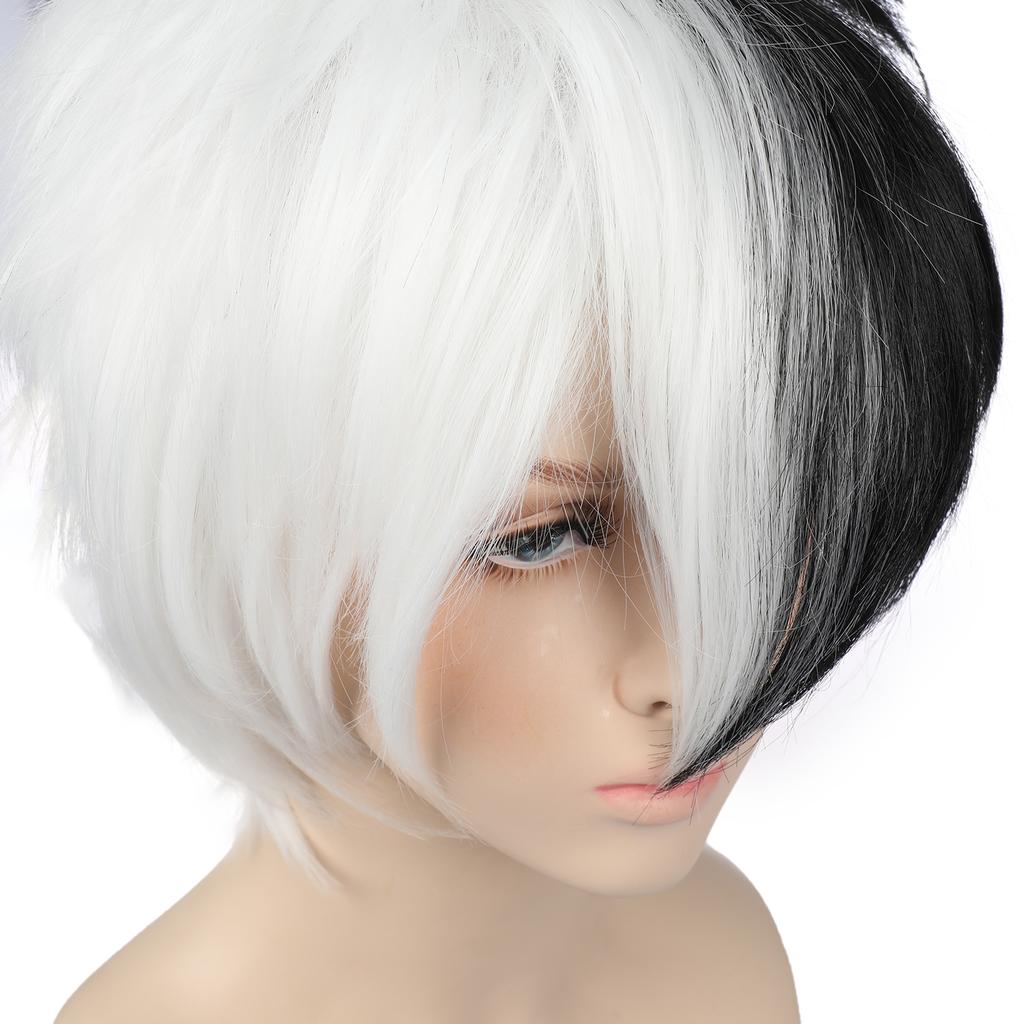 Дешевый синтетический парик аниме, черно-белая челка, натуральный вьющийся косплей, парик