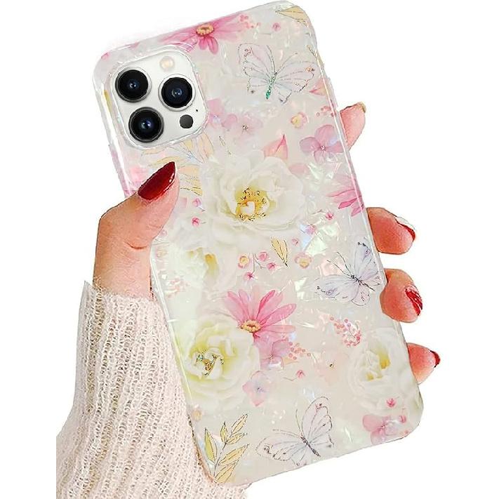 J.west Чехол для iPhone 14 Pro Max 6,7 дюйма, Роскошный блестящий мягкий прозрачный разноцветный опаловый перламутровый дизайн из тонкой фольги с цветочным принтом, силиконовая накладка для