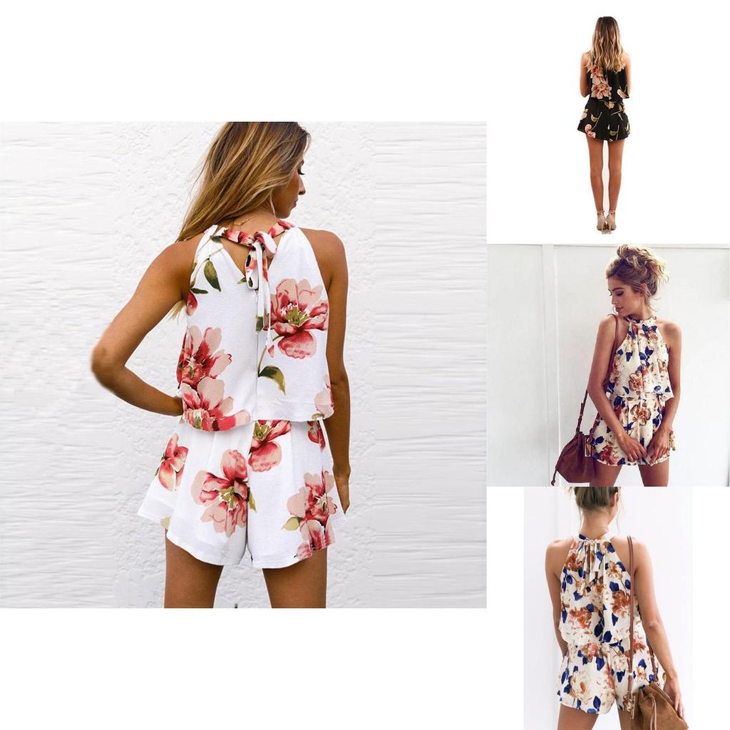 Piece Womens 2 Holiday Mini Playsuits Ladies Beach Summer Floral Shorts Print