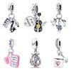 New 925 Copper Piano Saxophone Guitar Music Notation Earphone Pendant Beads Fit Original Pantaro Charms Bracelet Women Zircon