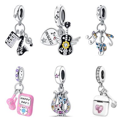 Новые медные бусины 925 пробы в виде подвесок-шармов: Пианино, Саксофон, Гитара, Музыкальная нотация, Наушники. Подходят для оригинального браслета Pantaro. Женские бусины с цирконом.
