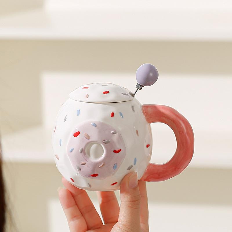 Милый пончик с крышкой, ложкой, керамическая чашка, высокая стоимость, большая емкость, кружка, хозяйственный набор, открывающийся сувенир, подарок
