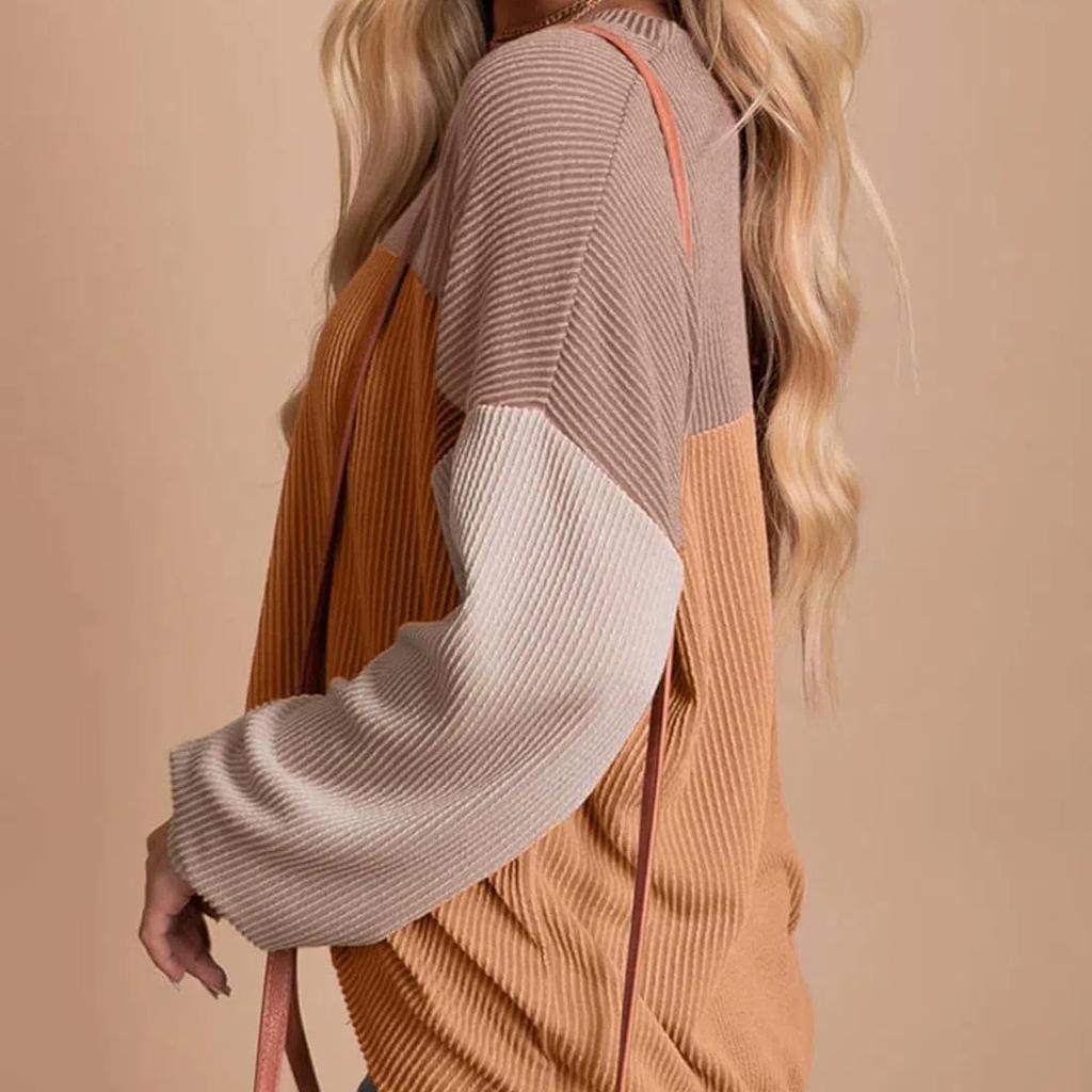 Женская модная вязаная повседневная свободная кофта-свитшот с длинным рукавом и круглым вырезом, топ, футболка, свитшот, рубашка, цветовой блок