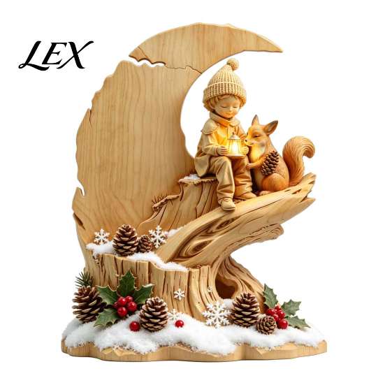Decorative Tabletop Figurines Fairy Tale Little Boy and Fox Wooden Figurine, Rustic Desktop Statue, Artistic Carved Holiday Window Decorations