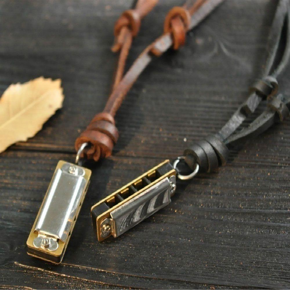 Gift Retro Personalized Pendant Harmonica Necklace Leather