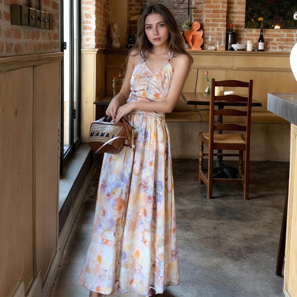 Женское летнее винтажное платье с принтом масляной живописи в праздничном стиле с лямкой на талии и лямкой на шее