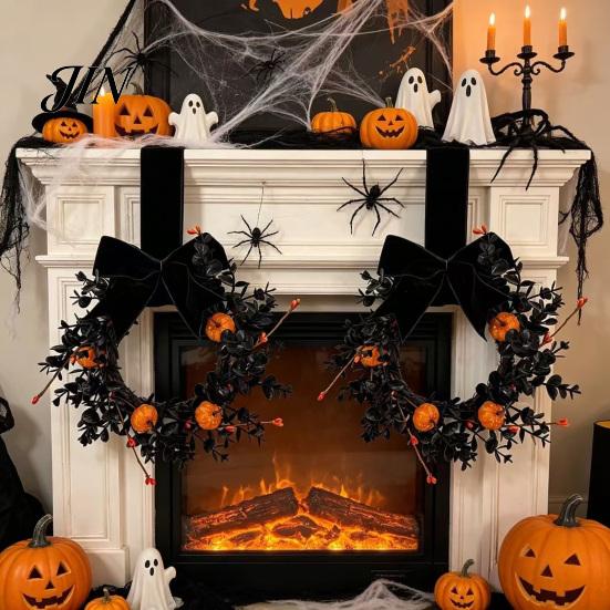 Black Branch Wreath Halloween for Front Door, 9 Inch Pumpkin with Party Decor Velvet Bow Home Porch Holiday Window Wall Fireplace