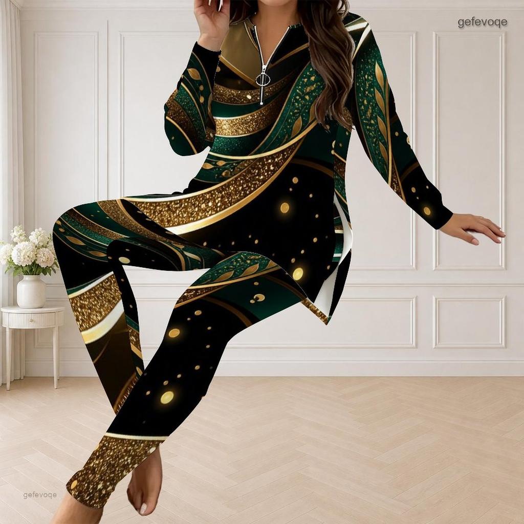 Women Plus Size Two Piece Pants Set Front Zip Long Sleeve Gray Black Printed Longline Top Fitted Pants