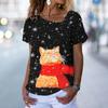 Fashion Cat T-Shirt Women's V Neck Tees Top Vintage Red Christmas Clothes Summer Chic Oversized Femele Clothing 2023 New Tee