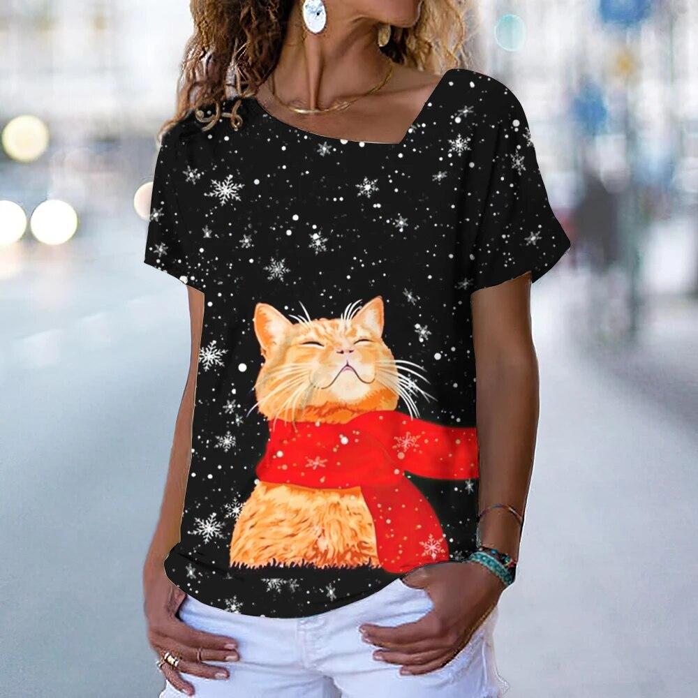 Fashion Cat T-Shirt Women's V Neck Tees Top Vintage Red Christmas Clothes Summer Chic Oversized Femele Clothing 2023 New Tee