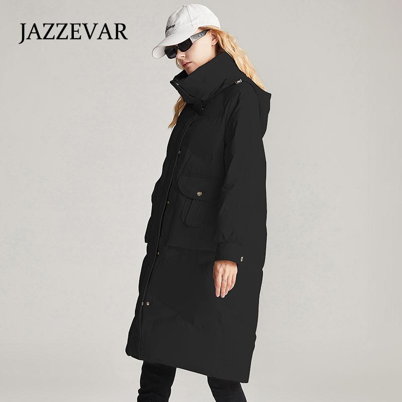 JAZZEVAR Женская шапка с воротником-стойкой, съемный пуховик, зимняя утолщенная свободная куртка средней длины и длины