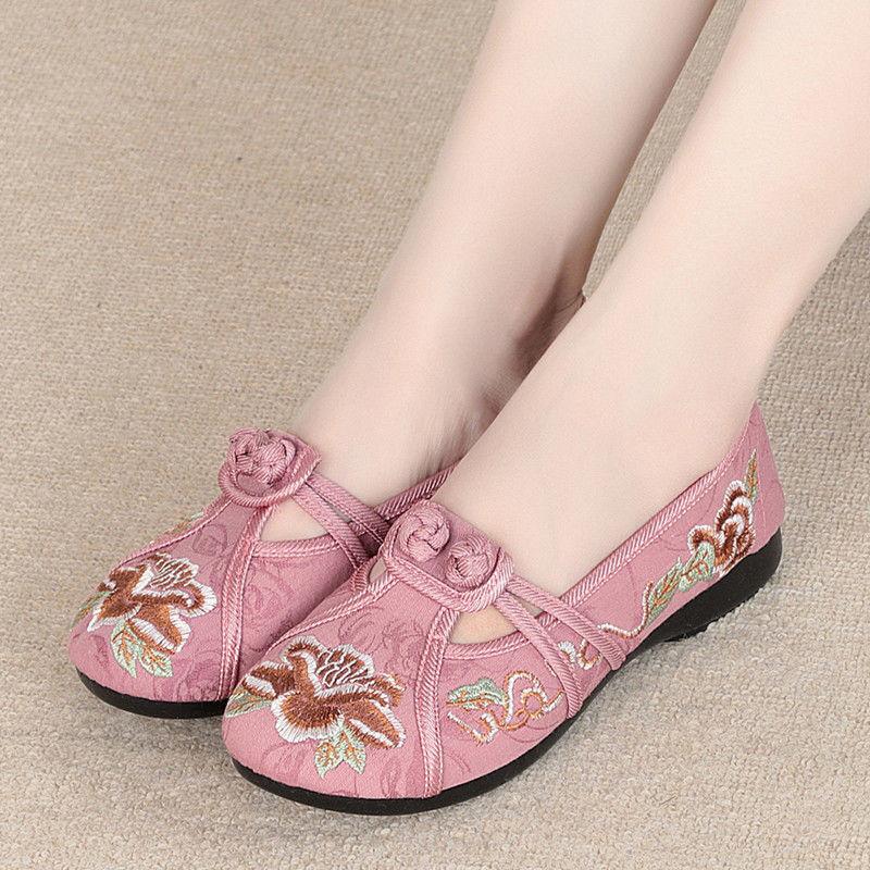 Women Anti-slip Embroidered Shoes Ladies Soft Sole Flat Heel Round Toe Solid Color Breathable Canvas Shoe Footwears