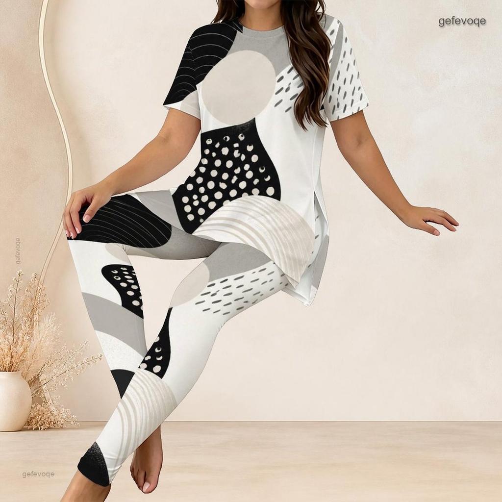Women Plus Size Two Piece Set Round Neck Short Sleeve Printed Black White Long Top Fitted Pants