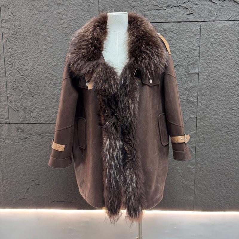 ~ Excellent Fur, Raccoon Fur Collar, Suede Jacket, Down Jacket