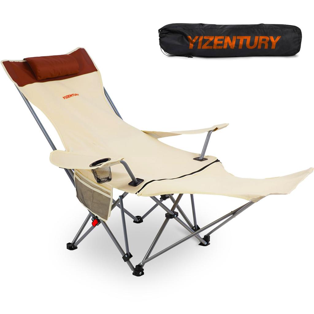 YIZENTURY Раскладное кресло для кемпинга с откидывающейся спинкой, складное кресло-шезлонг, грузоподъемность, регулируемое кресло для кемпинга с подушкой, подставкой для ног, кресло, 204 кг, спинка 150°,
