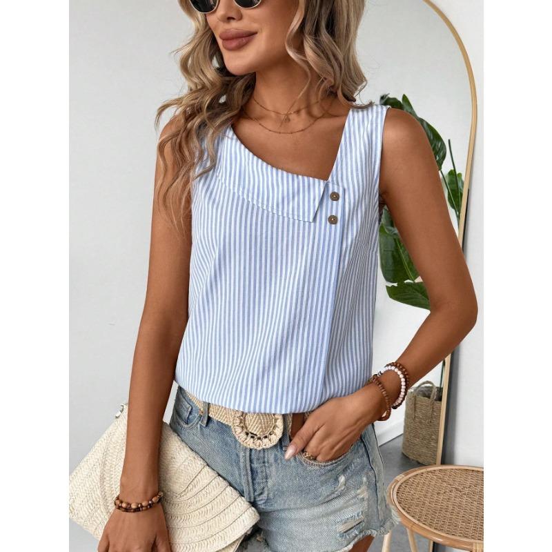New Women's Casual Sleeveless Striped Top T-shirt with A Slanted Collar