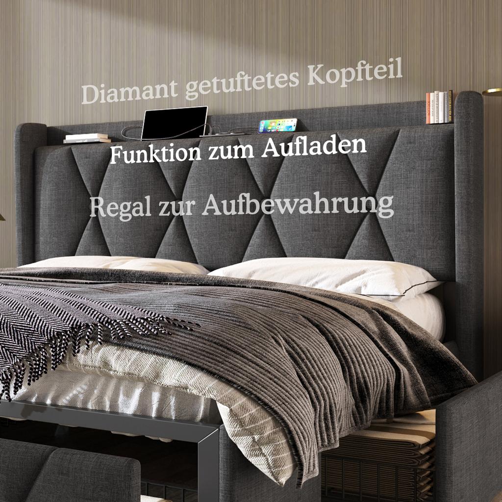 (=AB20485152G)Upholstered Bed with USB Charging Function Headboard and 4 Drawers, Double 160x200cm Bed, Wooden Slatted Frame, Grey (Without Mattress)