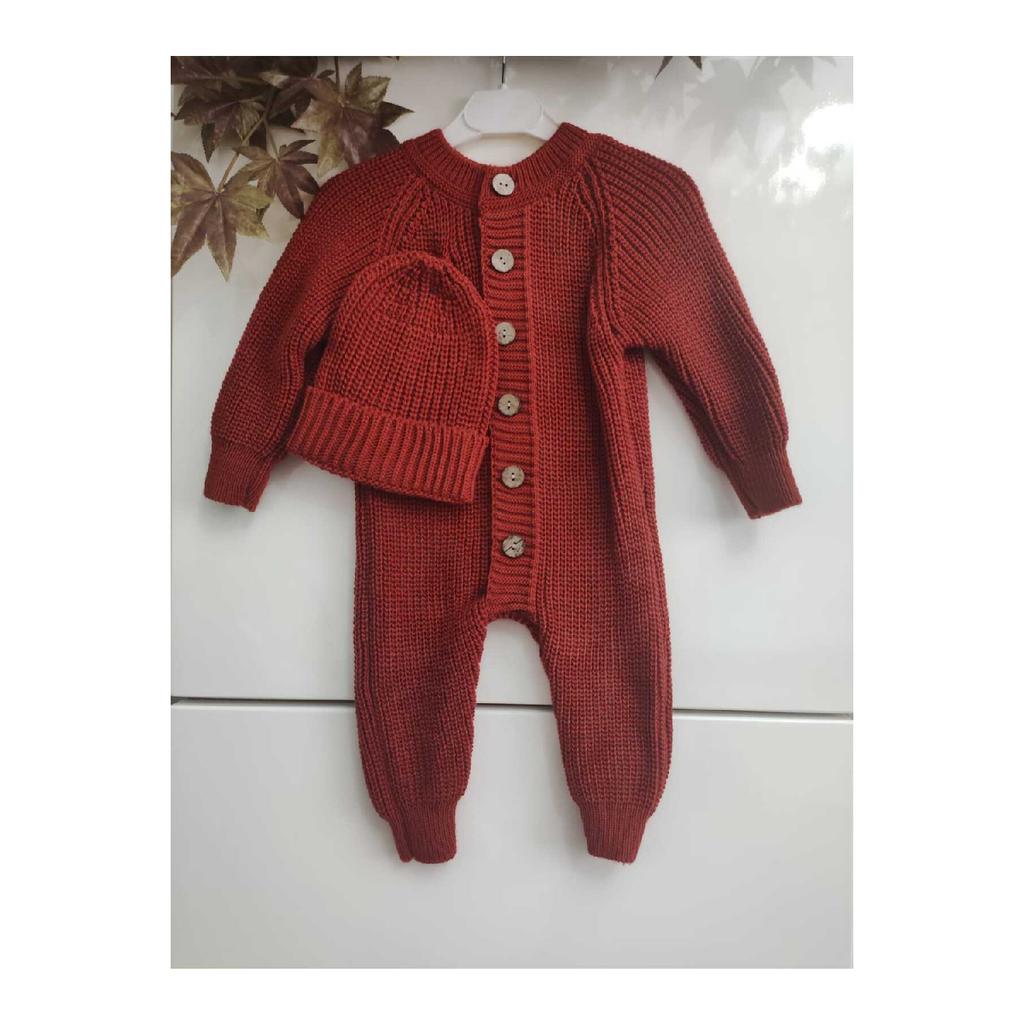 Buttoned Beige Thessaloniki Knitted Knitted Baby Jumpsuit With Hat