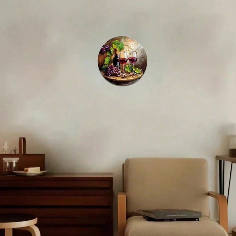 2D Круглая настенная art-декор для винного бара - Элегантный декор с лозой и бокалом - Металлическая жестяная табличка для дома, ресторана, кухни