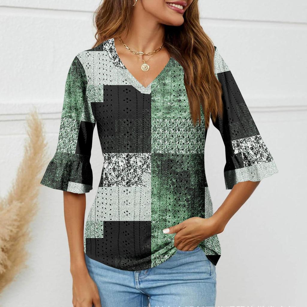 Рубашки с рукавом 3/4 для женщин, свободная футболка с принтом, топы с v-образным вырезом и рюшами на рукавах