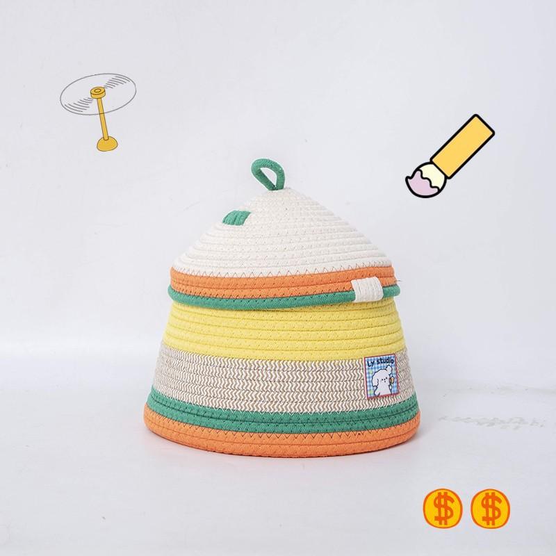 Handwoven Cotton Storage Basket With Lid Dustproof Desktop Organizer Snacks Toys Office Bedroom Entryway
