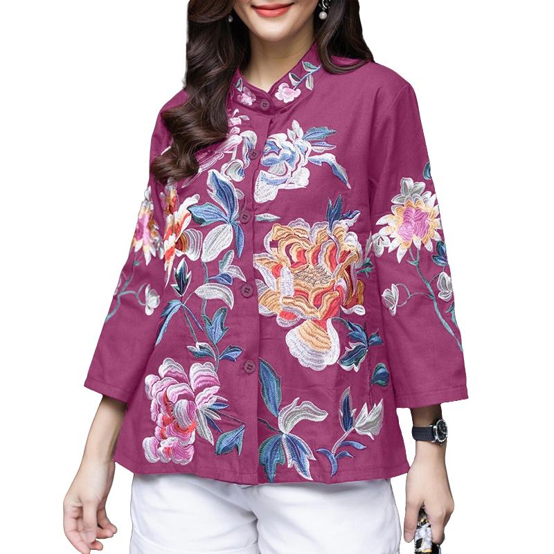 ZANZEA Women Stand Collar Loose Casual 3/4 Sleeve Floral Blouse