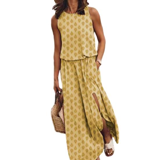 Женское платье макси без рукавов, повседневное, с круглым вырезом, эластичной талией и разрезом, длинное