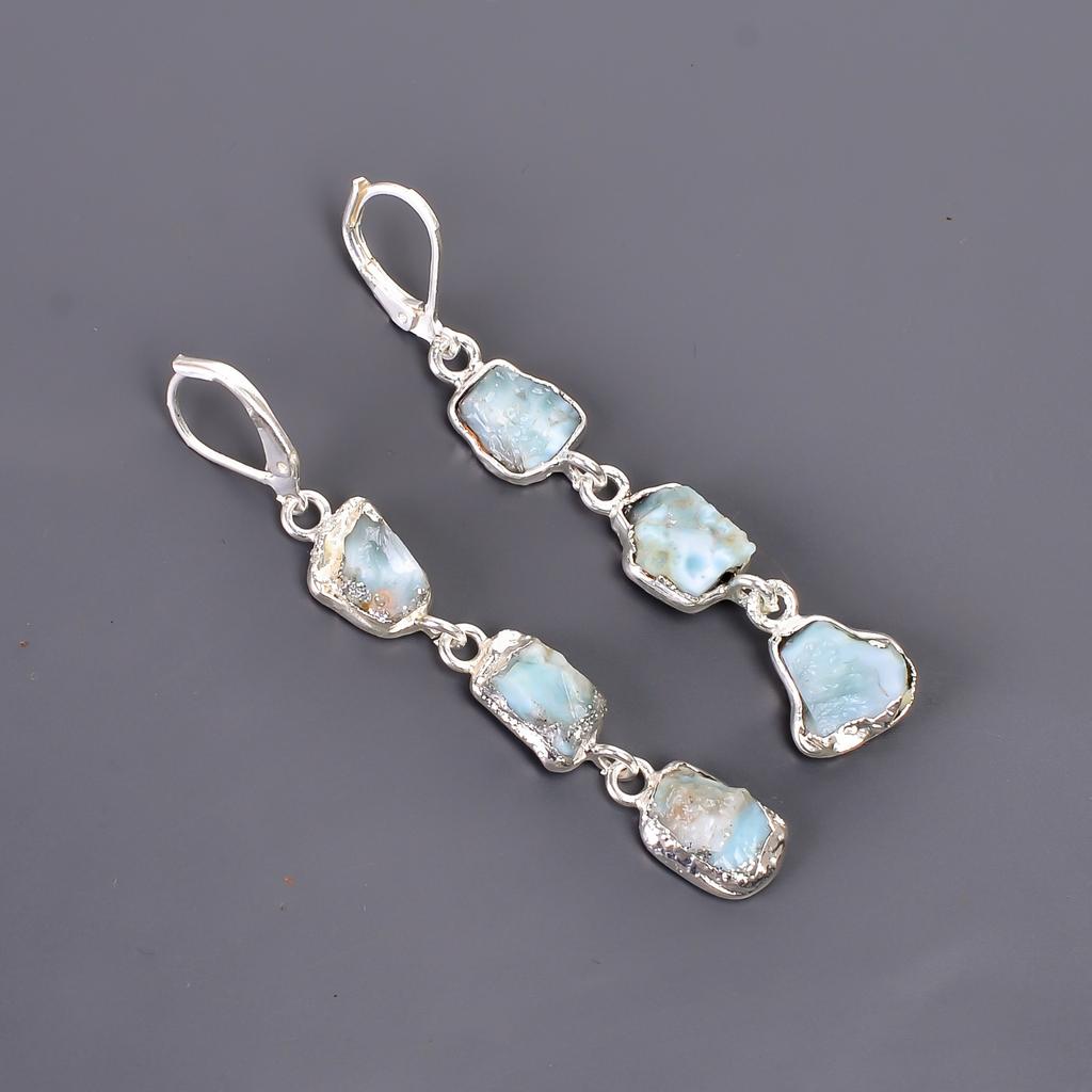 Ларимар Камень Посеребренный Юбилей Электроформованные Подвесные Серьги Подарок Жене V-101