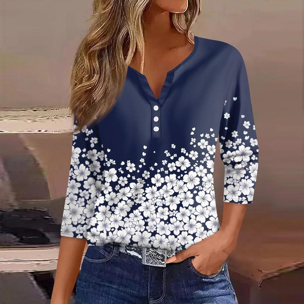 Жен. Футболка С принтом Пуговицы Рукав 3/4 Повседневные Выходные Мода Классический Классический V-образный вырез Обычный Верх