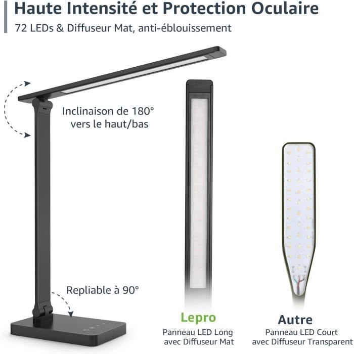 Lampe de Bureau LED - LEPRO - 9.2W - 72 LEDs - 750LM - 5 Modes de Couleur - Noir