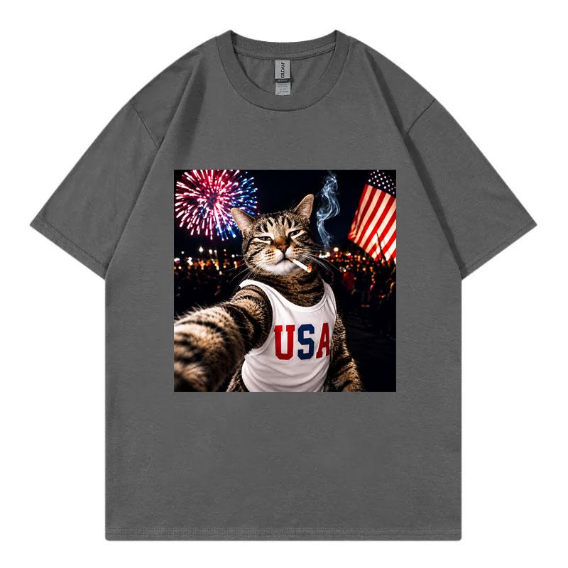 Patriotic Smoking Cat Funny Meme Tshirts High Quality Fashion Short Sleeve Tshirt Unisex Unisex Summer Casual 100cotton T Shirt