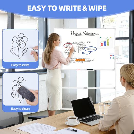 Magnetic Standing Mobile Easel Board Rolling Dry Erase Board, 40 x 28 Inch Large Whiteboard, Height Adjustable Double Sided Style White with Stand for