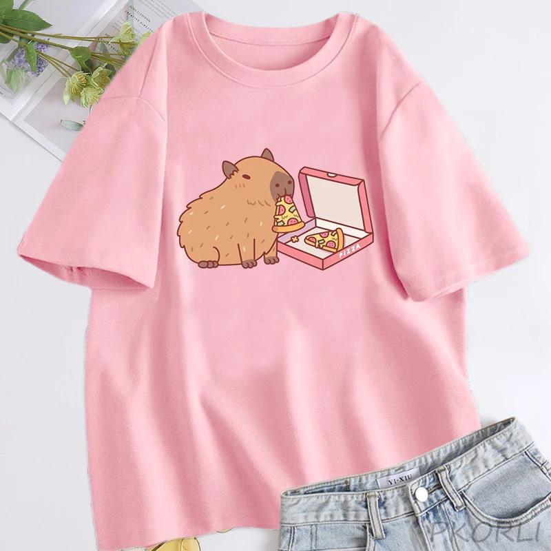Забавная женская футболка с изображением капибары, поедающей пиццу, с графическим 3D-принтом, симпатичная футболка, женская футболка, уличная одежда