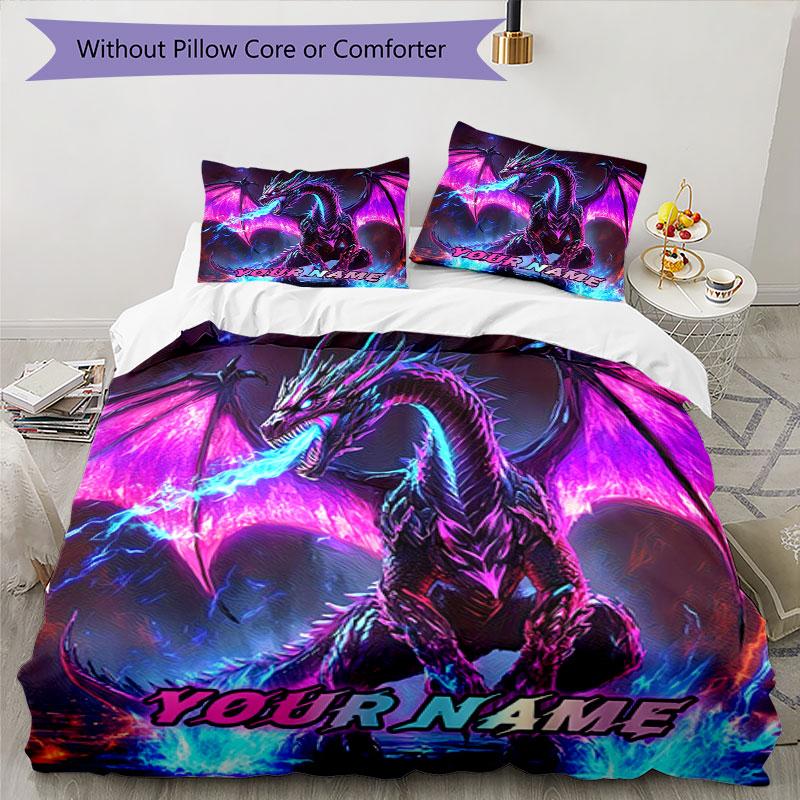 3PC Custom Name Electric Dragon Fantasy Bedding Set Duvet Cover Closure Includes 1 Duvet Cover & 2 Pillowcases for Bedroom