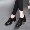 Женская обувь 2025 весна новая темпераментная обувь-лодочки на высоком каблуке черная из первого слоя коровьей кожи на толстом каблуке шнуровка с глубоким вырезом квадратный носок