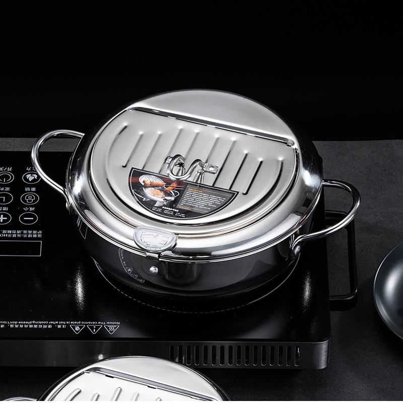 Японская глубокая сковорода диаметром 20/24 см с термометром и крышкой Кухонная фритюрница в темпуре из нержавеющей стали 304