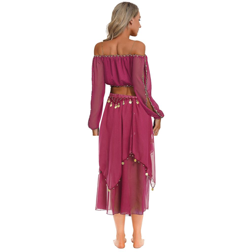 Женский костюм для танца живота с открытыми плечами и пайетками, укороченный топ с длинными рукавами, струящаяся шифоновая юбка, сценический костюм