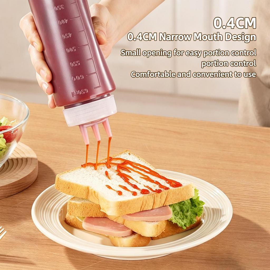 3-Hole Plastic Squeeze Sauce Bottle, Food Grade Condiment Dispenser with Measurement Markings for Ketchup, Salad Dressing, Cream, Kitchen Restaurant